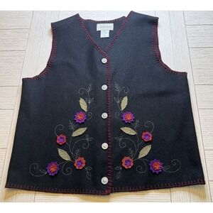 Lemon Grass VTG Black Wool Vest Appliqued Flowers Embroidered Leaves Button Up M